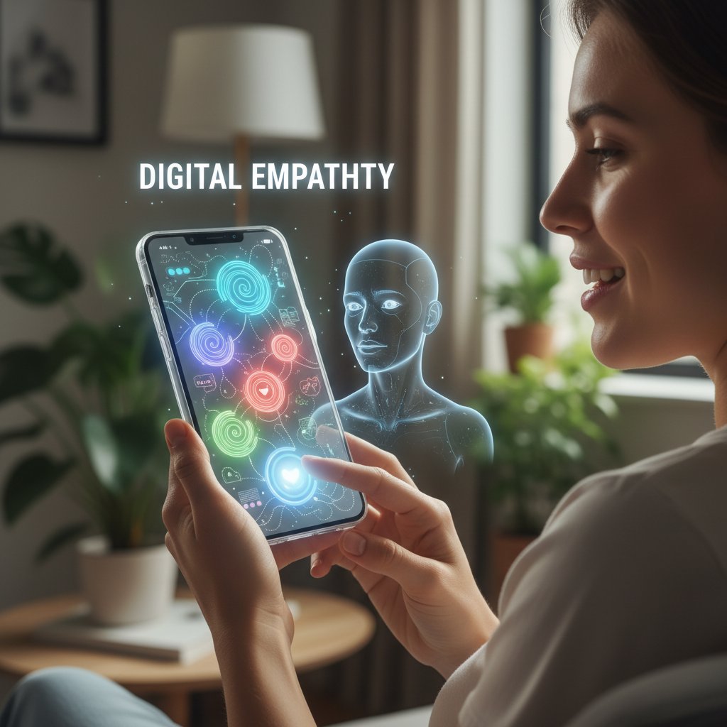 Osoba rozmawiająca z AI przez telefon, w tle nowoczesne technologie, motyw empatii cyfrowej