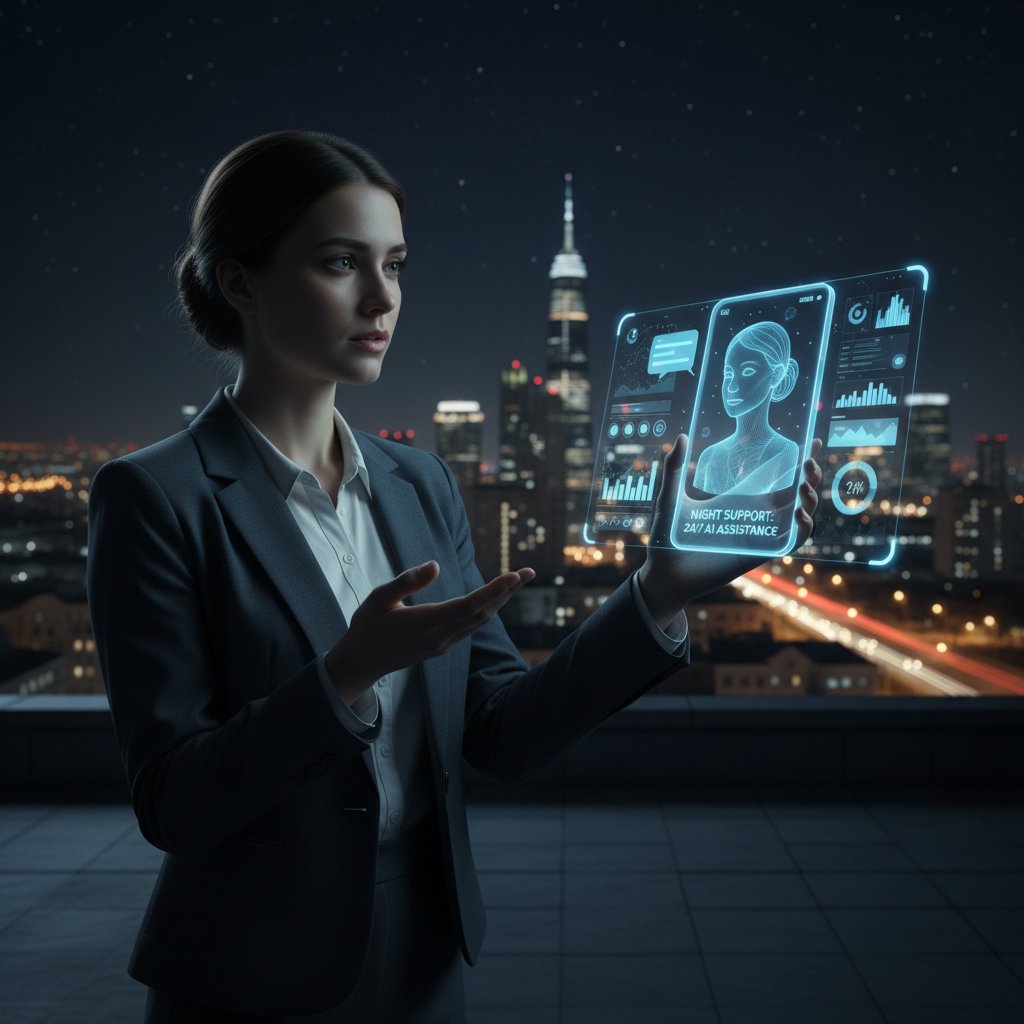 Osoba rozmawiająca z AI na smartfonie nocą, światło ekranu akcentuje cyfrową obecność