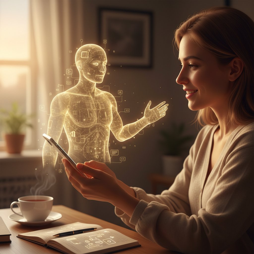 Osoba rozmawiająca z AI na smartfonie, ciepłe światło, poczucie wsparcia, AI w relacjach