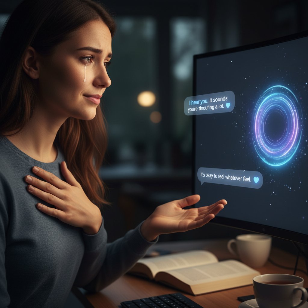 Osoba rozmawiająca z chatbotem, wyraz twarzy zdradza mieszane emocje – ilustracja algorytmicznego wsparcia