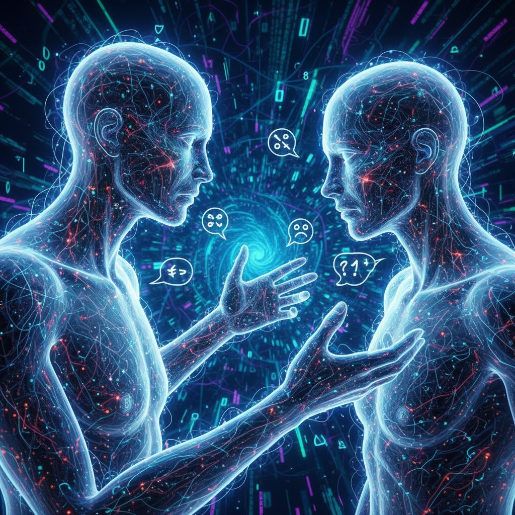 Osoba wpatrzona w ekran, rozmawiająca z cyfrową postacią AI, wyraźnie widoczne emocje i napięcie