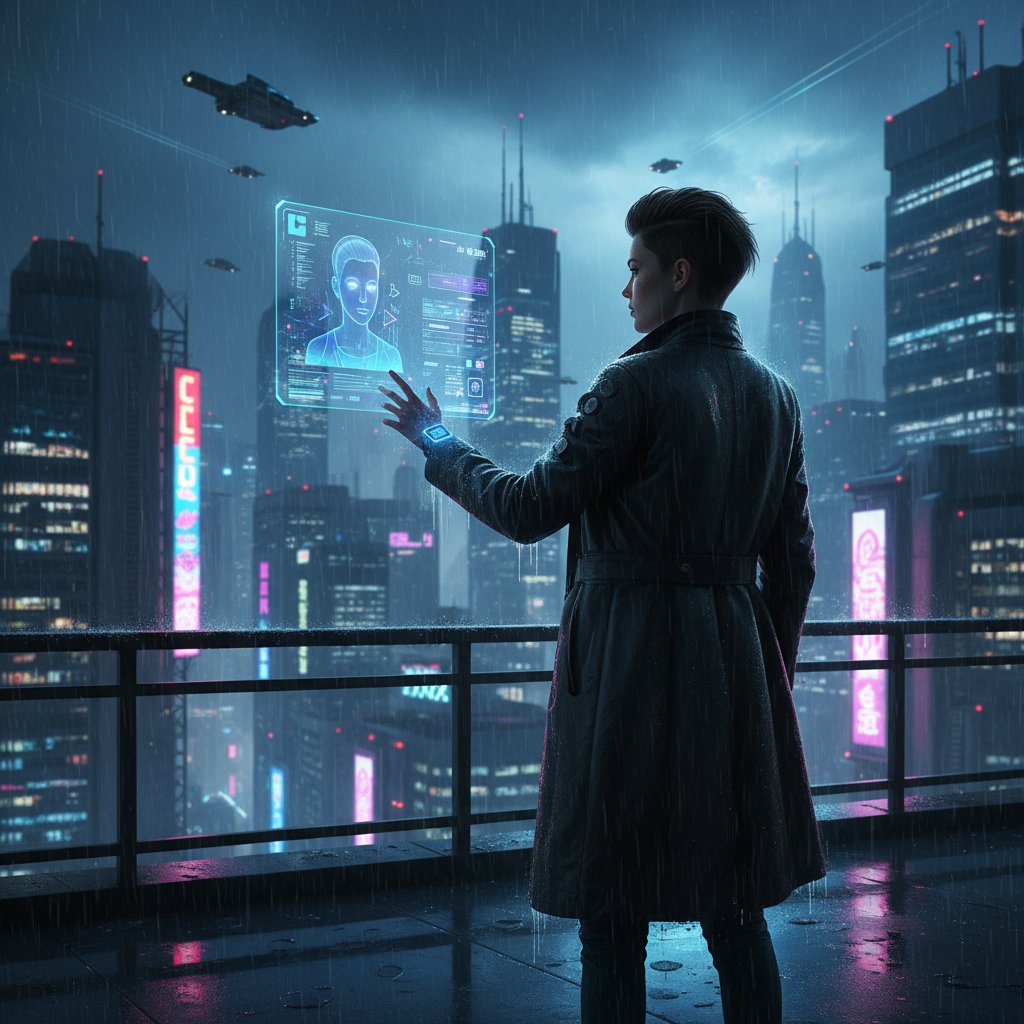 Człowiek rozmawia z holograficznym interfejsem AI na tle miasta nocą, symbolizując nowoczesną komunikację z AI