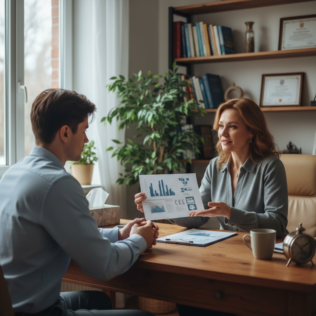 Osoba rozmawiająca z psychologiem po otrzymaniu dodatniego wyniku ANA, atmosfera wsparcia, wnętrze gabinetu