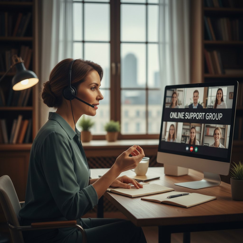 Osoba rozmawiająca z psychologiem online, słowa kluczowe wsparcie po stalkingu