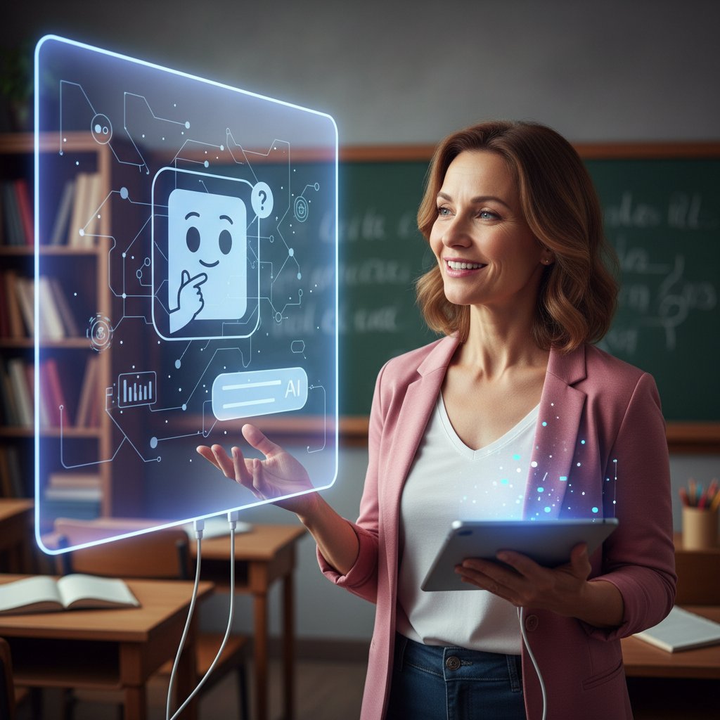 Dwie osoby rozmawiające – jedna to nauczyciel, druga to chatbot AI, widoczny kontrast między emocjami a technologią