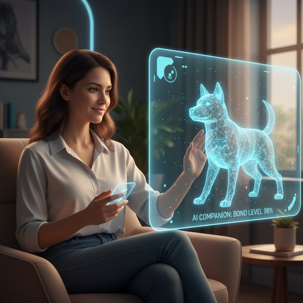 Osoba rozmawiająca z wirtualnym psem AI na ekranie, emocje i bliskość