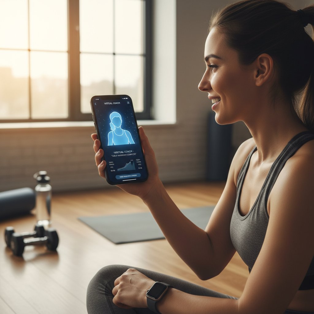 Osoba rozmawiająca z wirtualnym asystentem AI w aplikacji fitness na smartfonie
