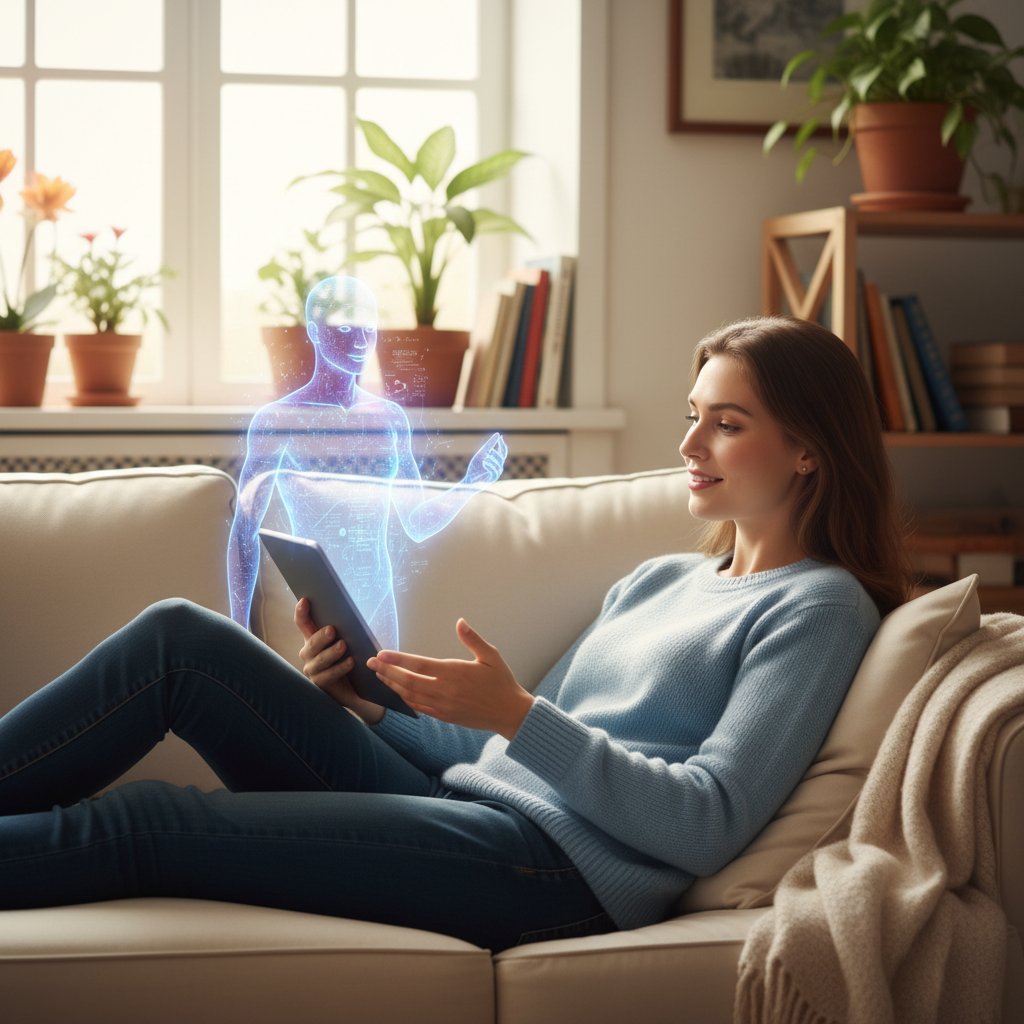 Osoba rozmawiająca z wirtualnym asystentem na ekranie smartfona, wygląda na zrelaksowaną i uśmiechniętą