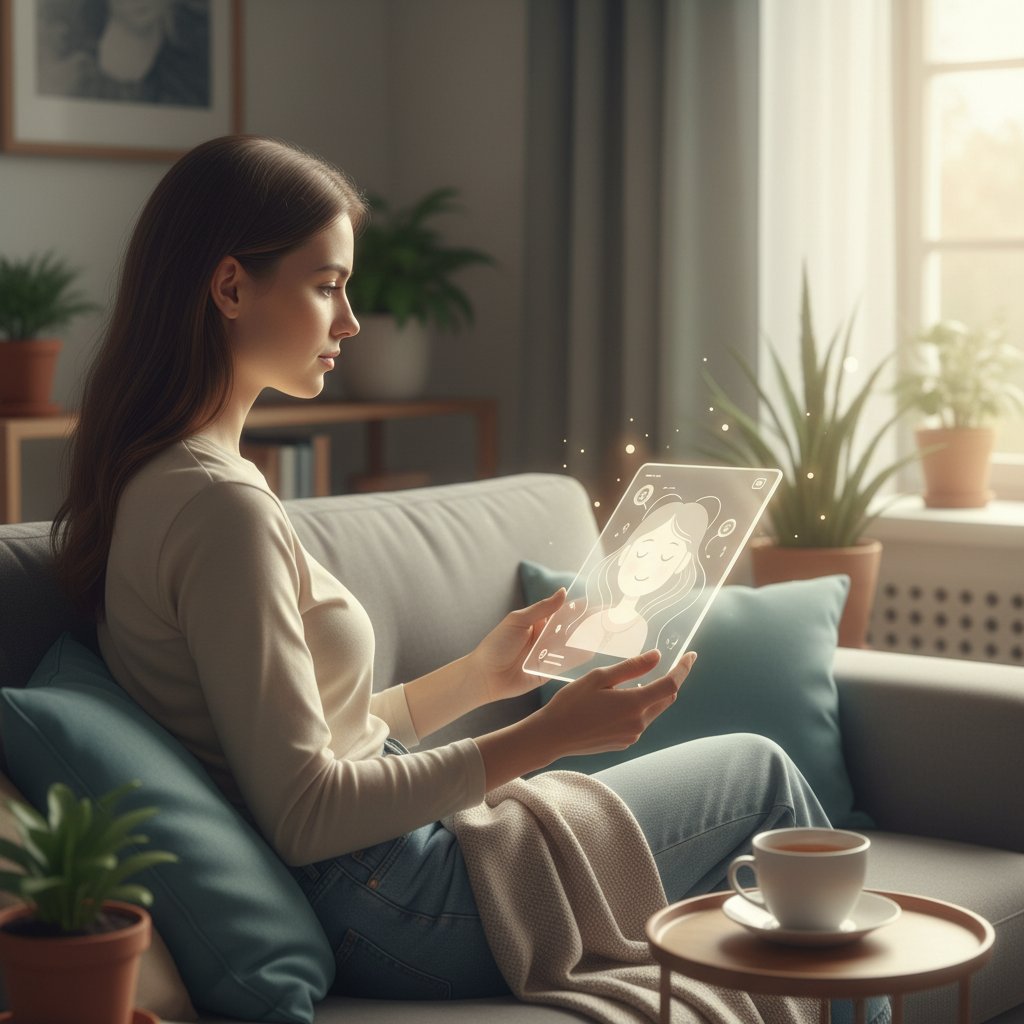 Osoba prowadzi rozmowę z AI w spokojnej atmosferze, symbol wsparcia emocjonalnego