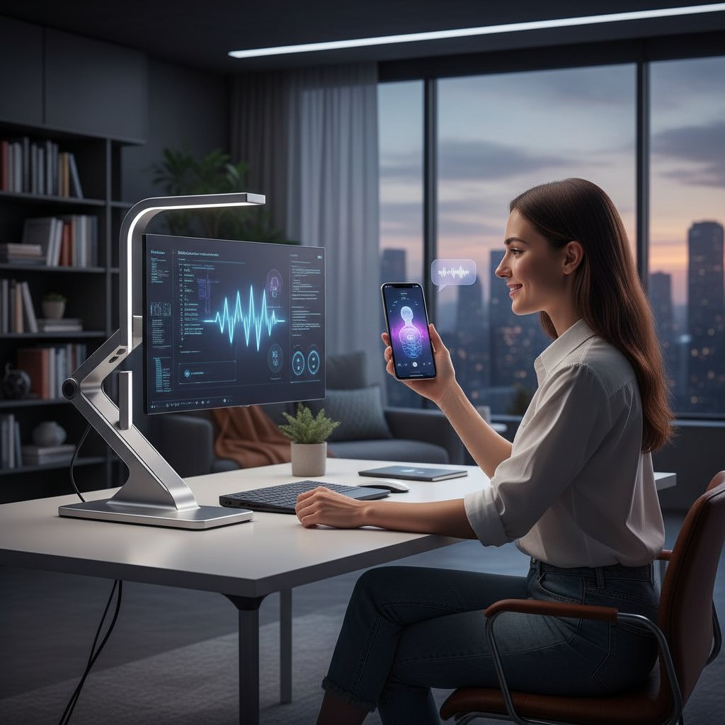 Osoba rozmawiająca z AI na ekranie smartfona, symbolizująca cyfrowe wsparcie i rozwój samopomocy