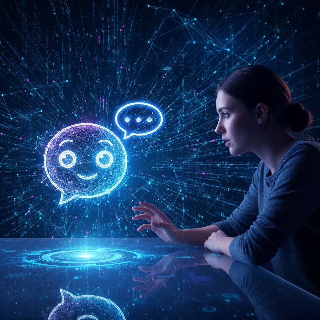 Osoba rozmawiająca z chatbotem na tle danych cyfrowych, symbolizujących pamięć AI