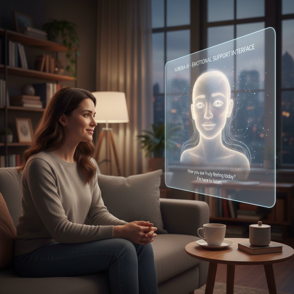 Osoba rozmawiająca z wirtualnym asystentem na ekranie komputera, AI jako wsparcie emocjonalne