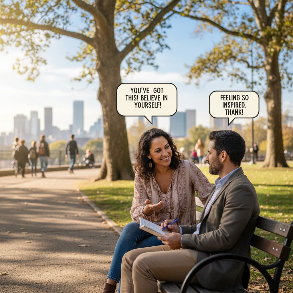 Osoba rozmawiająca z przyjacielem podczas spaceru w parku, wsparcie i inspiracja