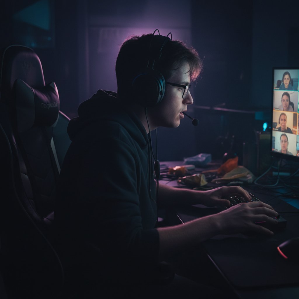 Osoba rozmawiająca online bez kamerki, zaciemnione pomieszczenie, ekran rozświetla twarz, słowa kluczowe: rozmowa internetowa anonimowość