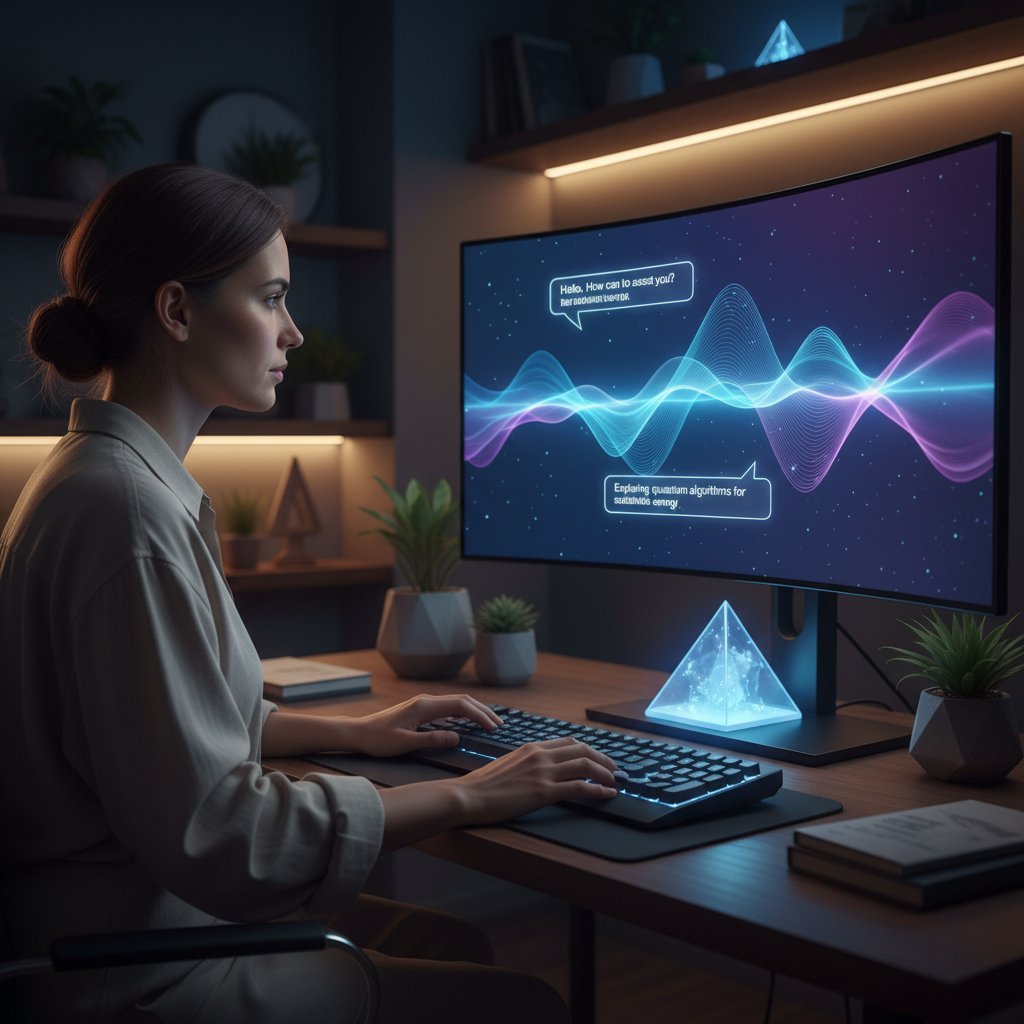 Osoba rozmawiająca z AI na komputerze, spokojna i skupiona – nowoczesne wsparcie emocjonalne