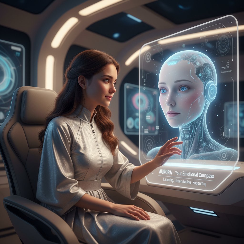 Człowiek rozmawiający z AI na ekranie, sztuczna inteligencja a emocje, atmosfera przyszłości