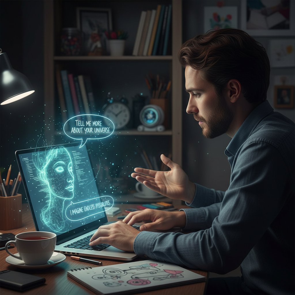 Użytkownik prowadzący pogłębioną konwersację z AI na ekranie laptopa – twórcza interakcja na inteligencja.ai