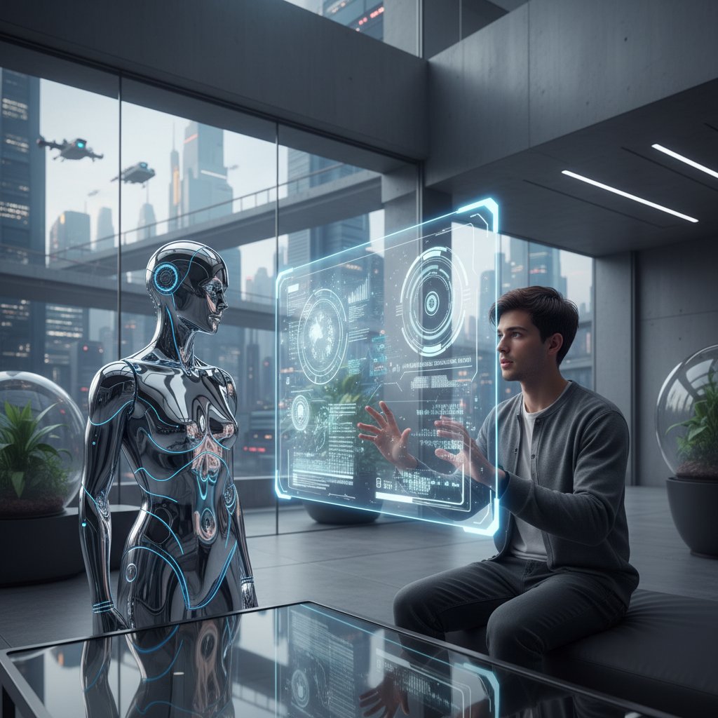 Osoba rozmawiająca z AI na ekranie, nowoczesne otoczenie — komunikacja człowiek-maszyna