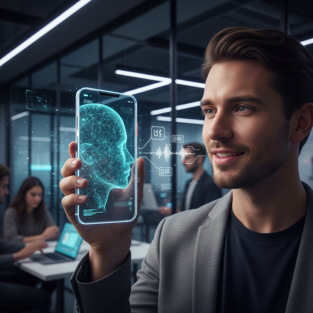 Osoba rozmawiająca z AI na smartfonie w miejskim wnętrzu, nowoczesna technologia wsparcia