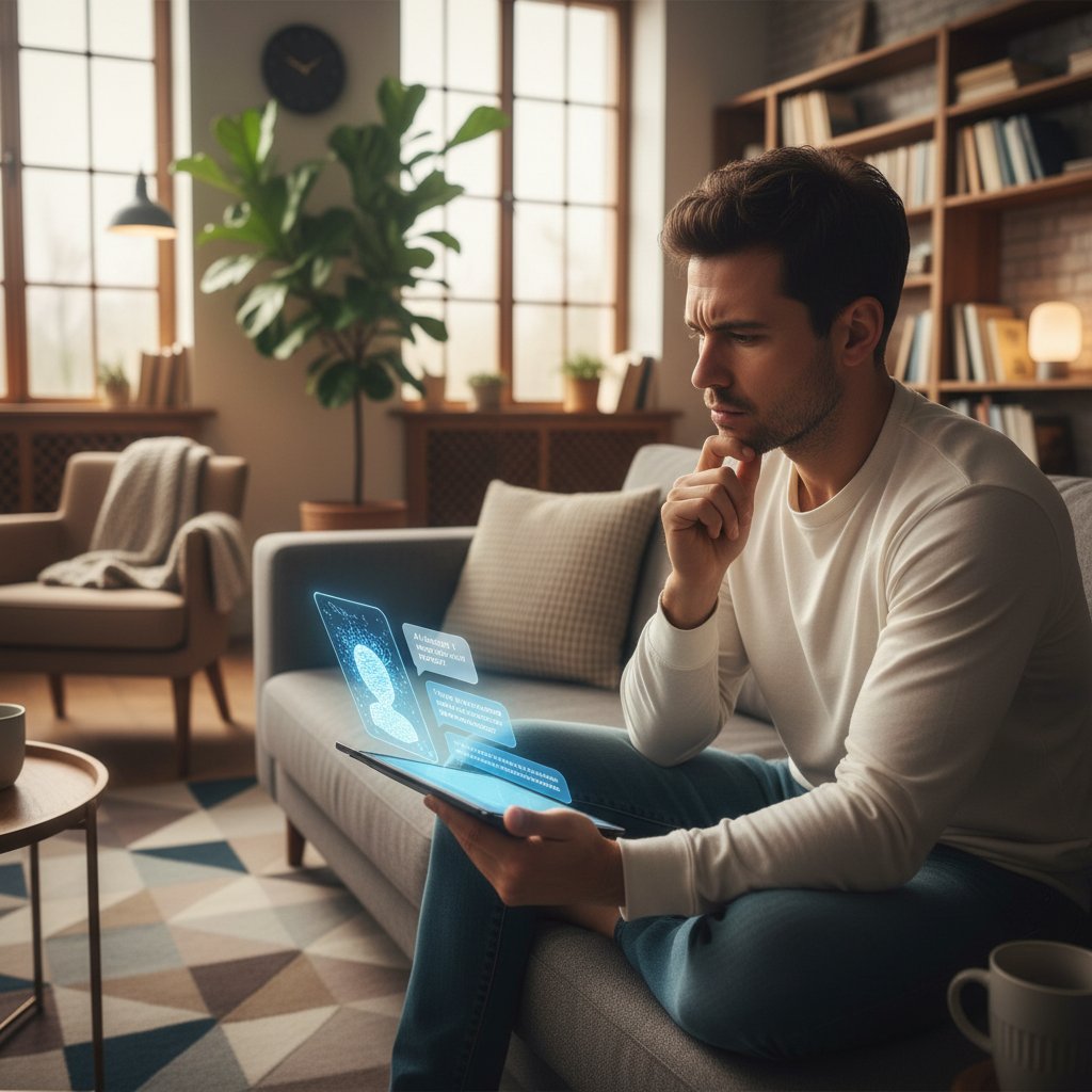 Osoba rozmawiająca z chatbotem AI na smartfonie, wyraz twarzy: zamyślenie, domowe wnętrze