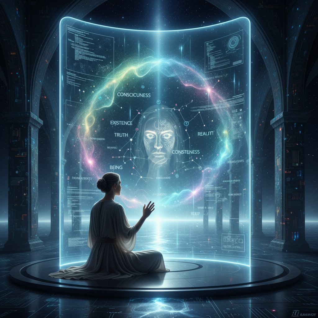 Osoba prowadzi rozmowę z interaktywnym panelem AI, światło monitora podkreśla skupienie i refleksję