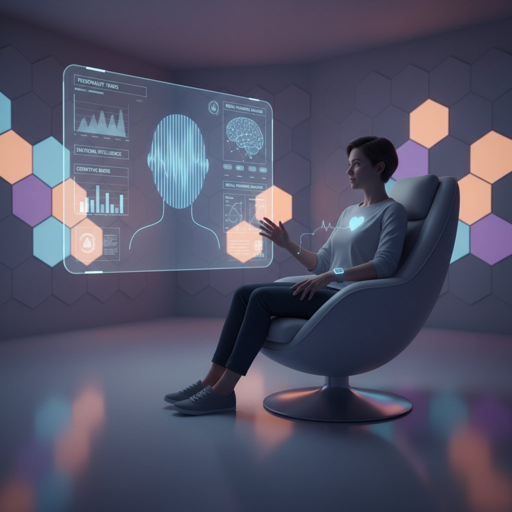 Zdjęcie osoby rozmawiającej z AI-terapeutą na ekranie komputera; słowa kluczowe: symulator osobowości AI, cyfrowy terapeuta, rozmowa online