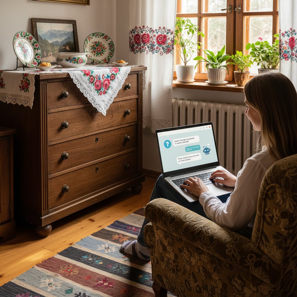 Zdjęcie młodej osoby rozmawiającej z chatbotem na ekranie laptopa, polskie otoczenie