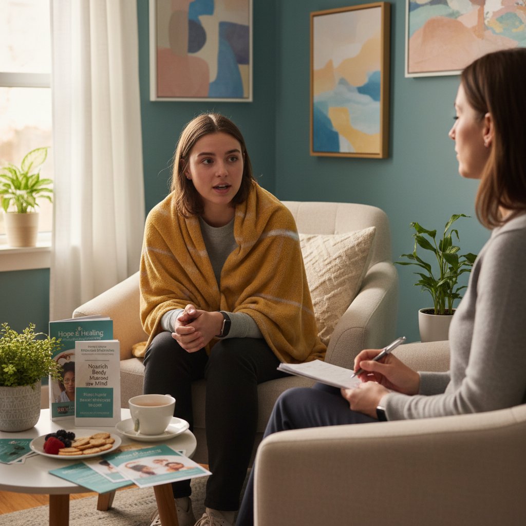 Zdjęcie osoby rozmawiającej z terapeutą, ilustrujące pierwszy krok w reakcji na pica