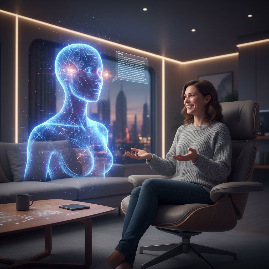 Osoba rozmawiająca z wirtualnym asystentem na ekranie, AI a emocje