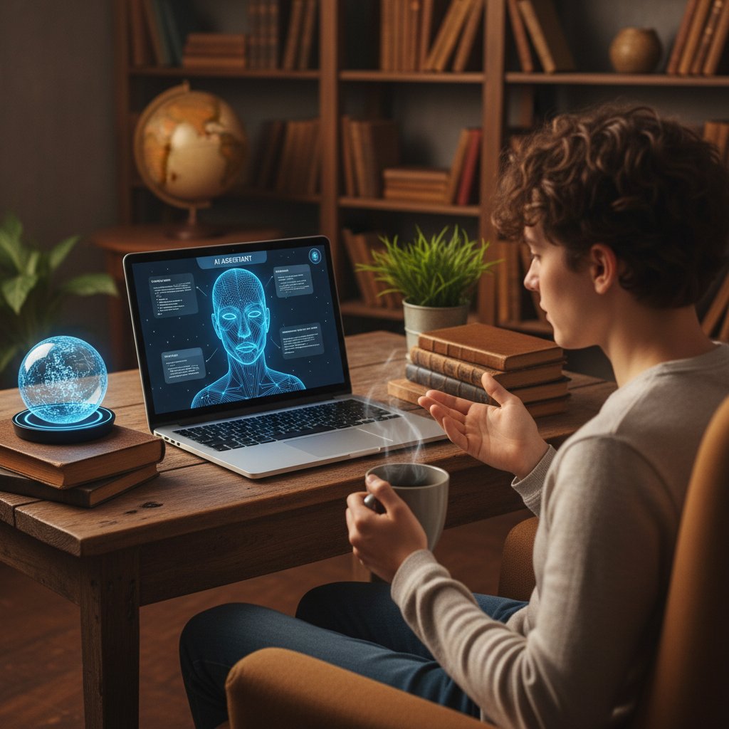 Osoba prowadząca rozmowę z AI na laptopie, skupiona i zrelaksowana, otoczona książkami