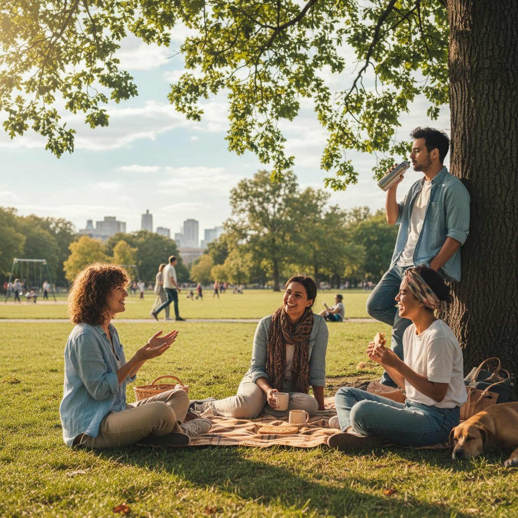 Osoba rozmawiająca z grupą znajomych w parku, swoboda i pozytywna energia