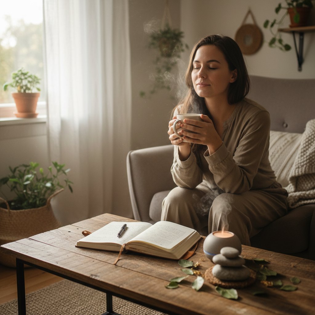 Osoba siedząca w ciszy, z herbatą i notesem, wykonująca ćwiczenia mindfulness