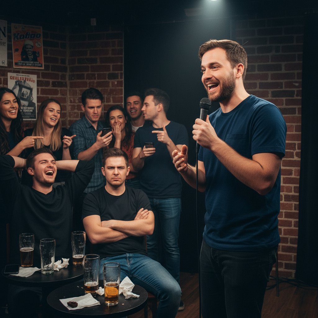 Osoba w tłumie opowiadająca żart, reszta słucha z mieszanymi reakcjami – dowcipy, które nie trafiają