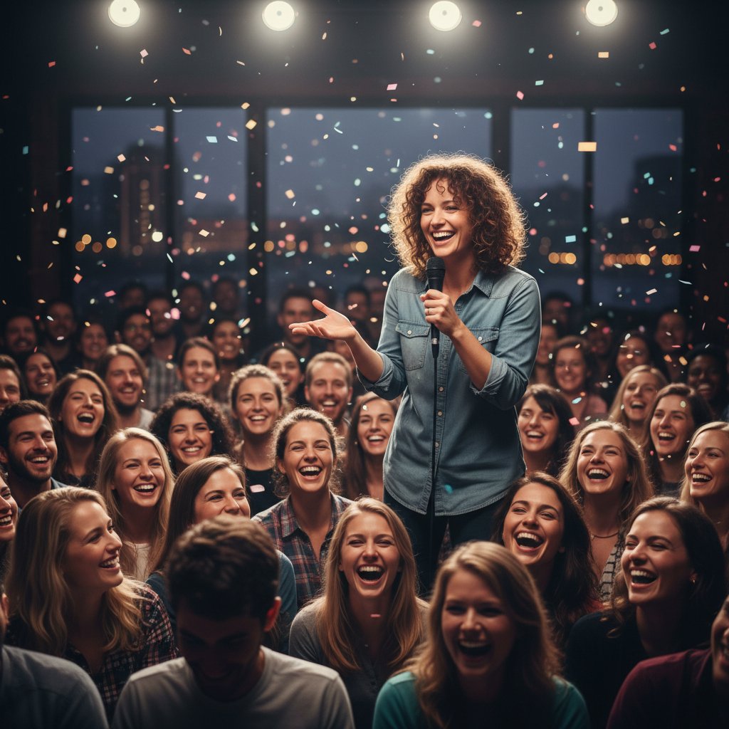 Osoba opowiadająca żart z własnego życia, uśmiechnięta publiczność – autentyczność żartu