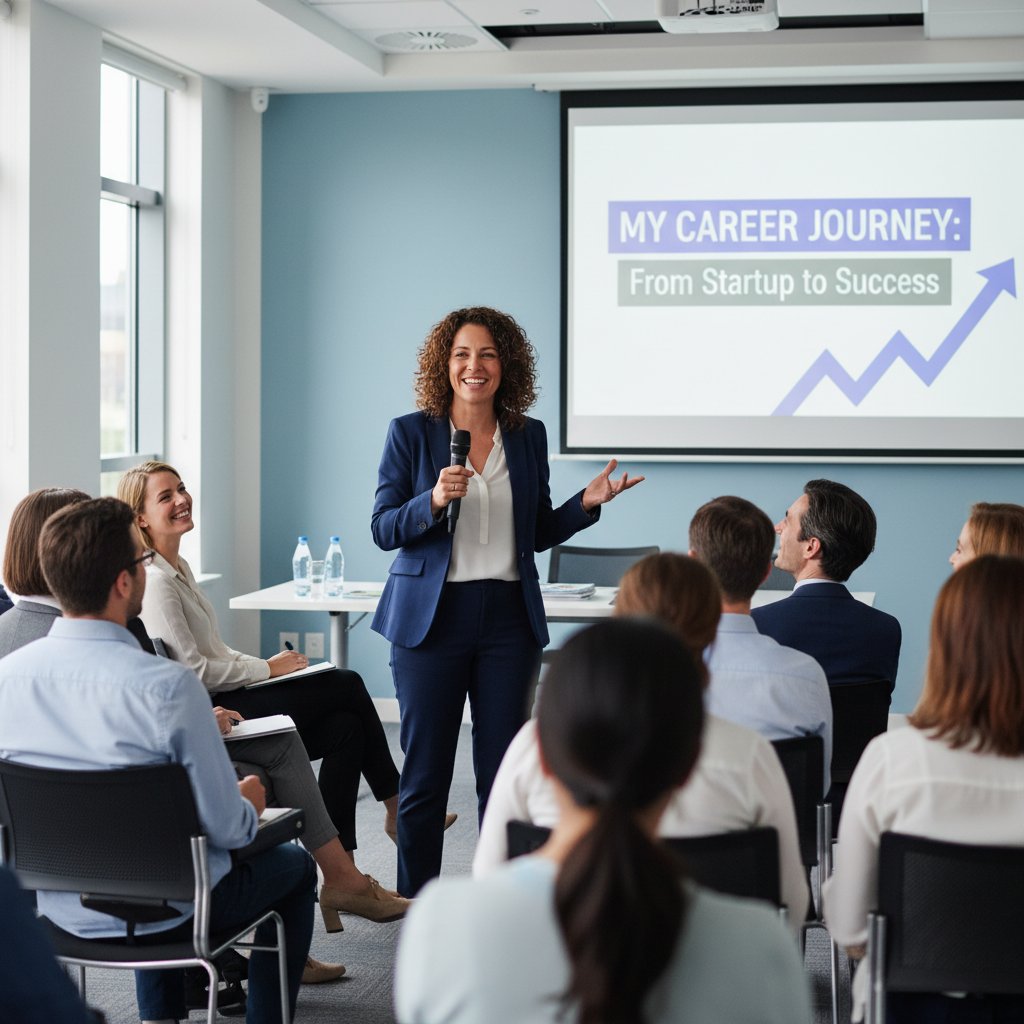 Osoba opowiadająca historię zawodową przed grupą, warsztat storytelllingu