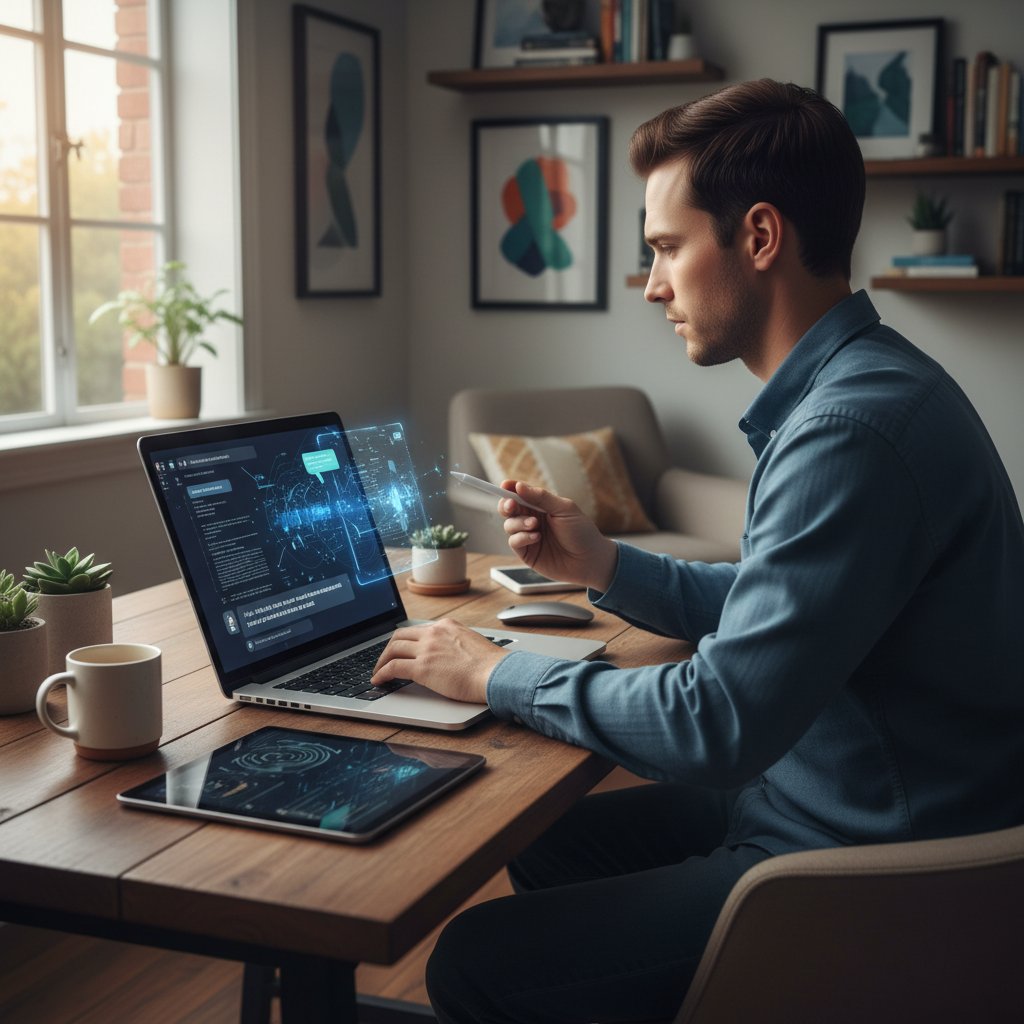 Osoba testująca odpowiedzi AI na ekranie laptopa w domowym biurze