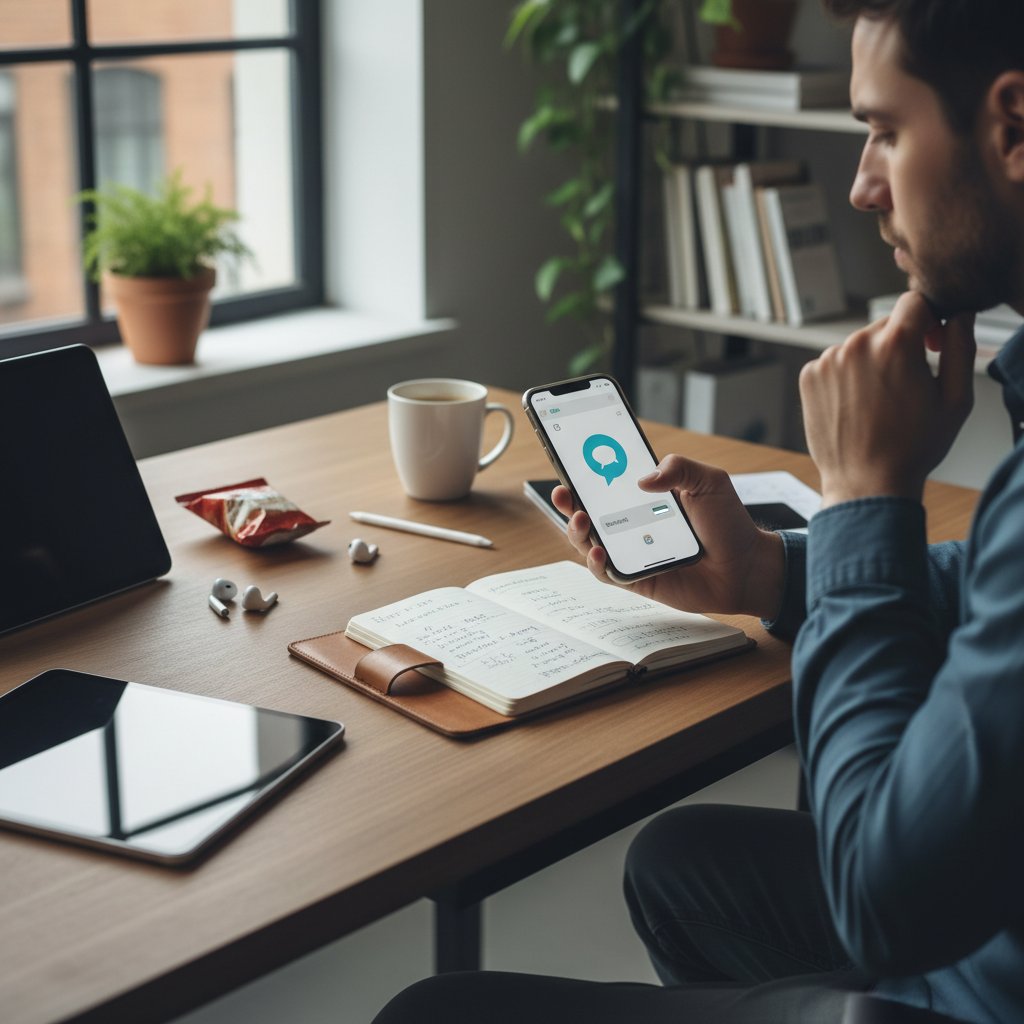 Osoba testująca AI na smartfonie, notatki na biurku