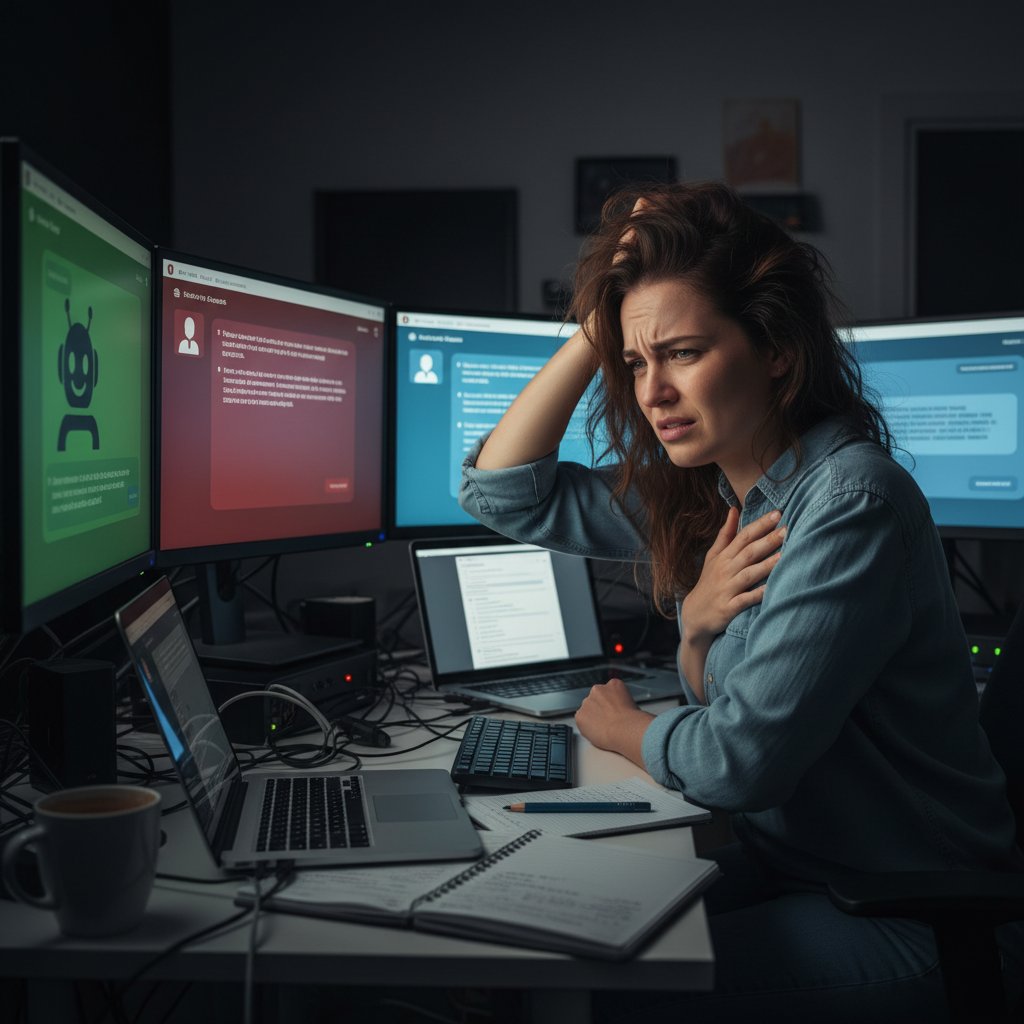 Osoba testująca różne czaty AI, reakcje emocjonalne, porównanie