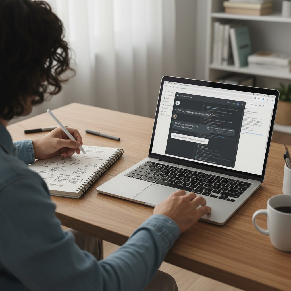 Osoba testująca rozmowy z AI na laptopie, w tle notatki z pomysłami na pytania, atmosfera prób i eksperymentów