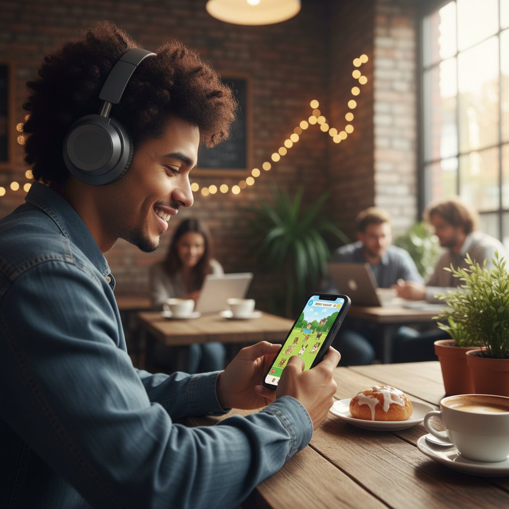 Osoba testująca symulator psa na smartfonie w kawiarni, uśmiechnięta i skupiona