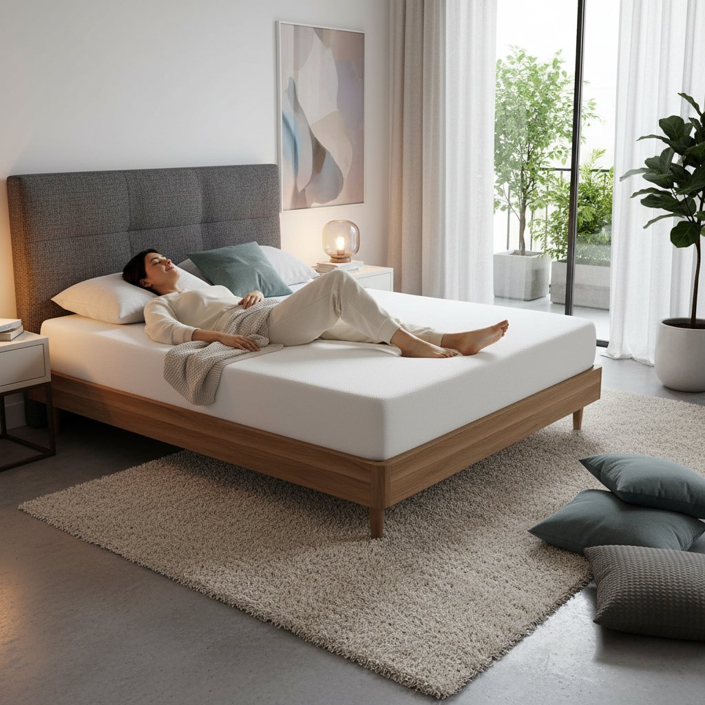 Osoba testująca materac w domowej sypialni, nowoczesny wystrój