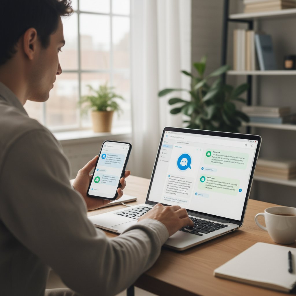 Osoba w domowym biurze testująca dwa chatboty AI, laptop i smartfon na biurku