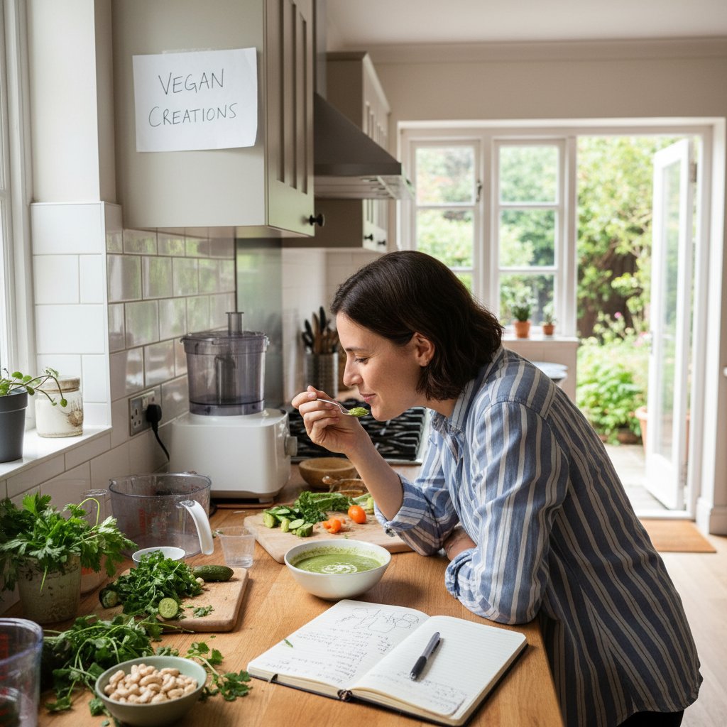 Osoba testująca przepis wegański, notatnik, degustacja, poprawianie szczegółów, domowa kuchnia