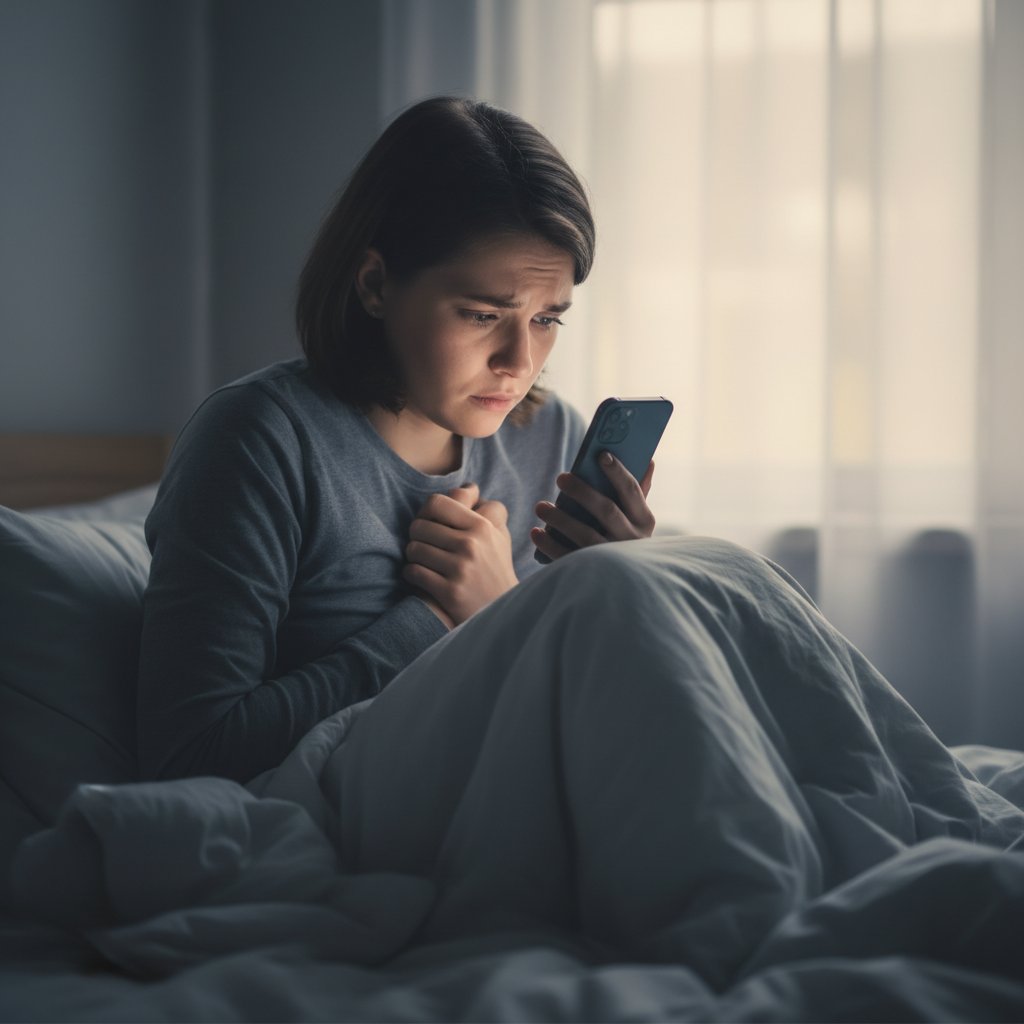 Photo of a person looking anxious while texting, digital privacy theme, soft lighting