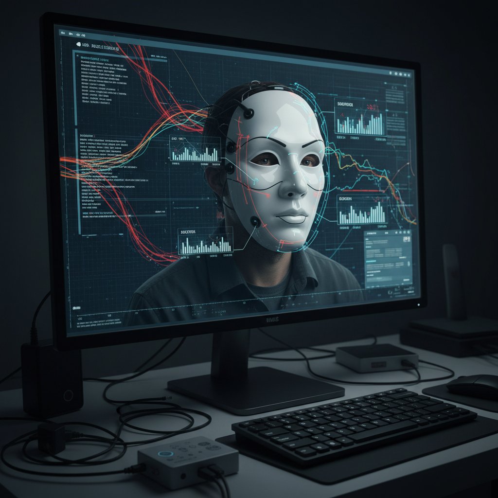 Osoba w masce teatralnej przed komputerem z uruchomioną analizą emocji AI