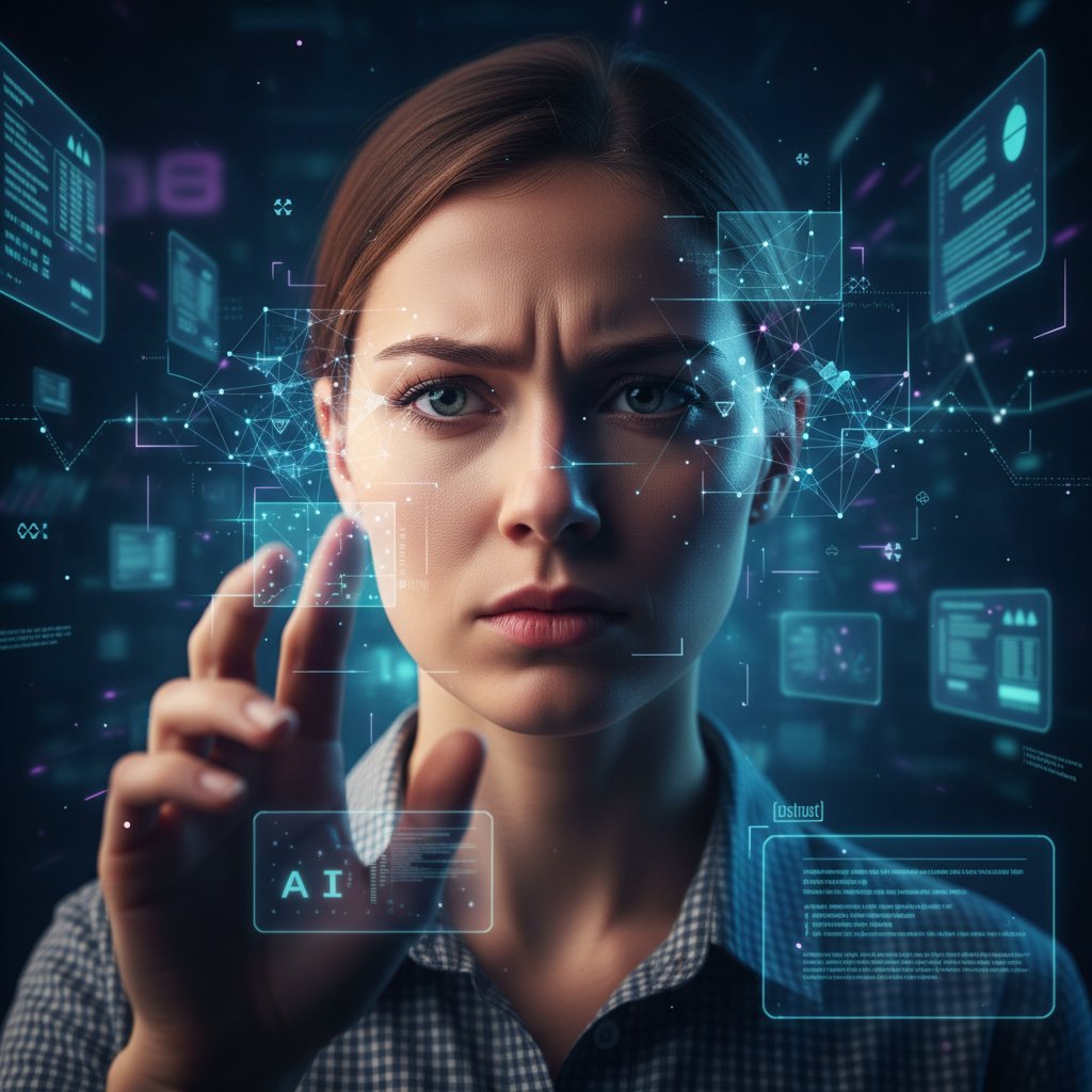 Osoba rozważająca odpowiedzi AI, kontrast emocji: ciekawość i nieufność