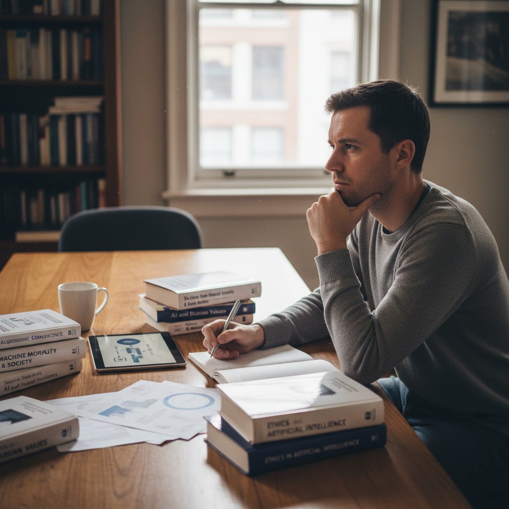 Osoba zastanawiająca się nad etycznymi konsekwencjami sztucznej inteligencji przy stole z książkami