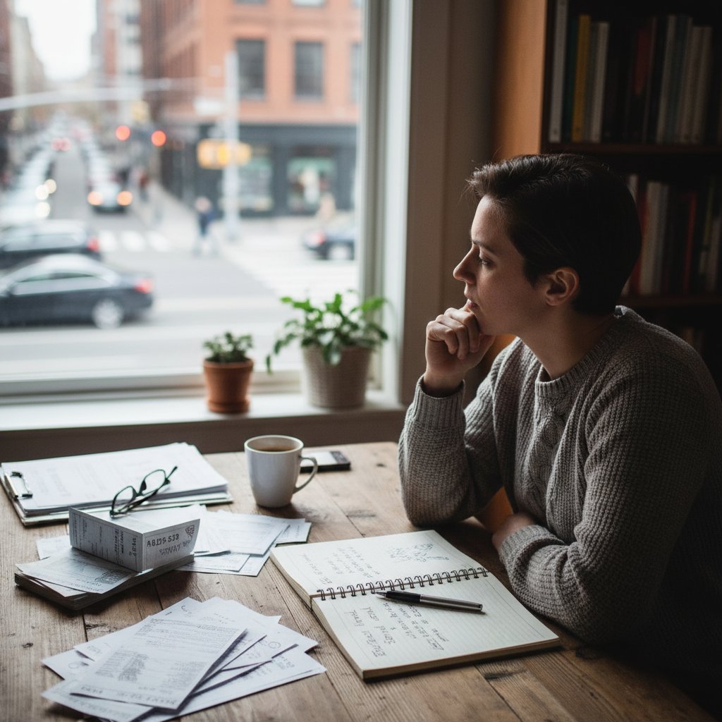 Człowiek rozmyślający nad rachunkami i notatkami – zdjęcie ilustracyjne procesów racjonalnego myślenia w codziennym życiu