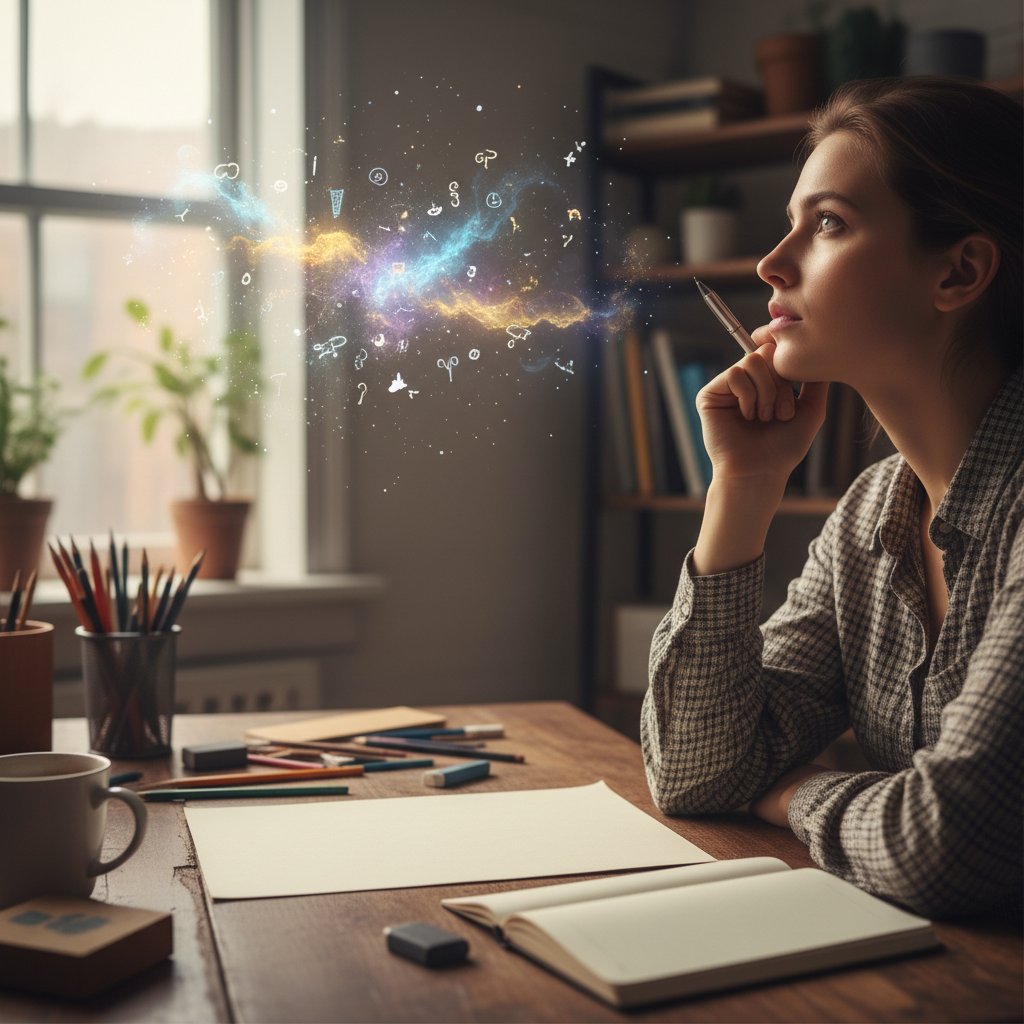 Osoba wpatrująca się w pustą kartkę, zainspirowana do działania kreatywnego