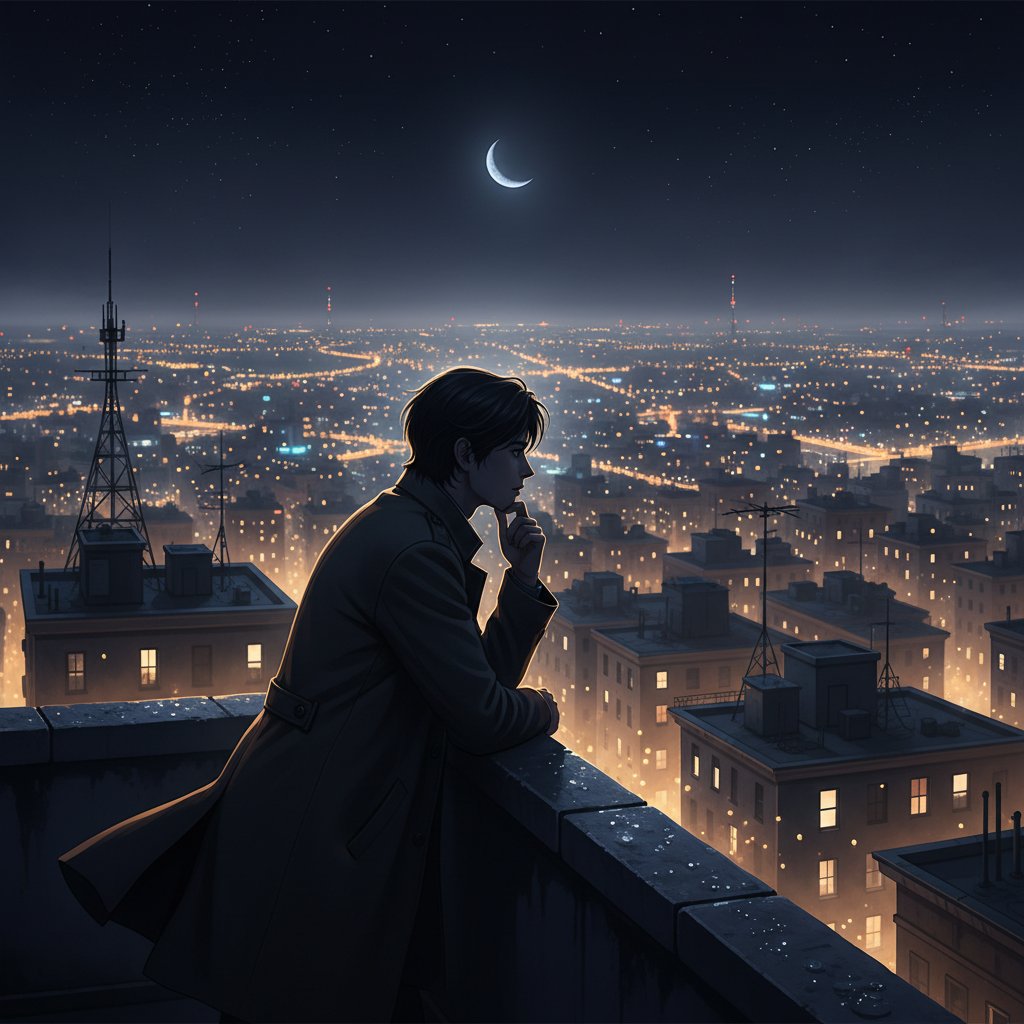 Osoba zamyślona, otoczona rozmytymi światłami miasta nocą, symbol fiksacji